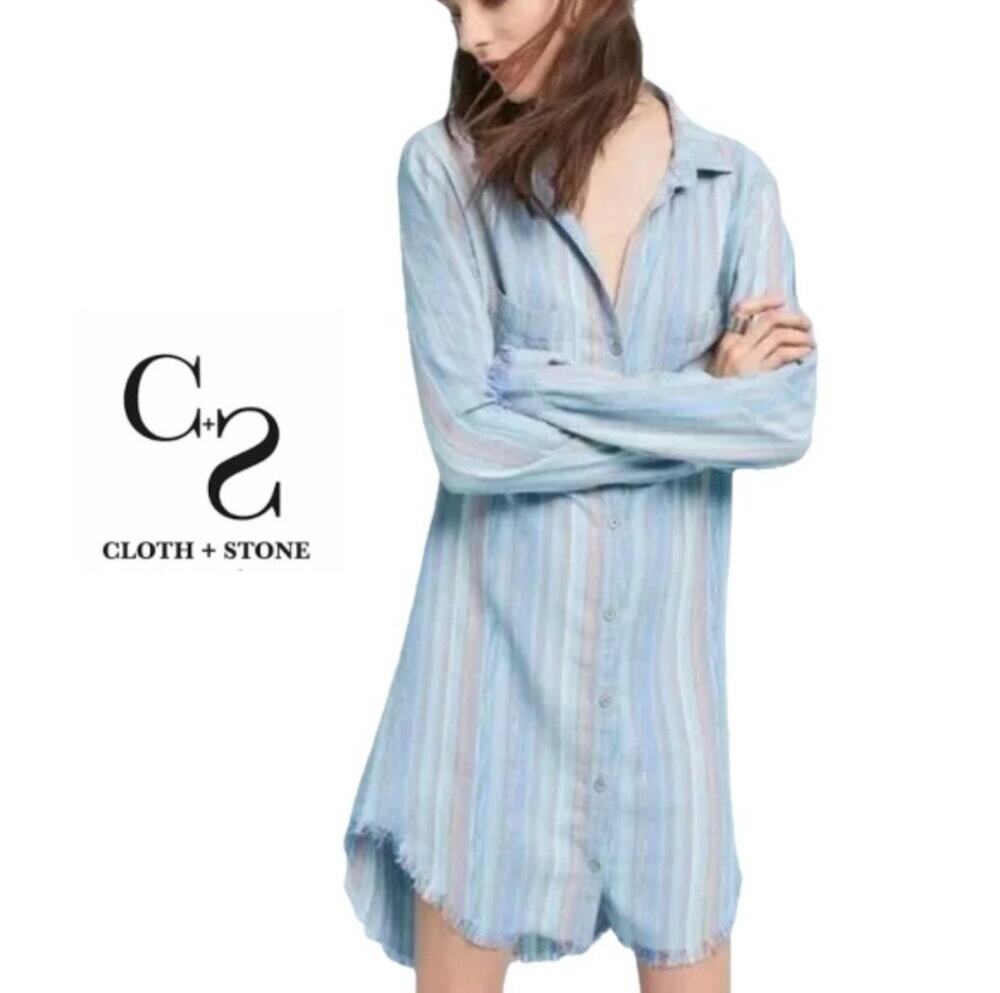 Anthropologie Cloth & Stone Striped Linen Blend Frayed Edge Shirt Dress Size M